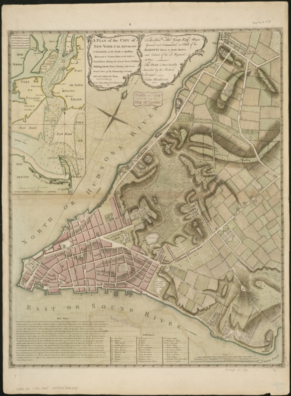 A plan of the city of New-York & its environs to Greenwich, on the North or Hudsons River, and to Crown Point, on the East or Sound River, shewing the several streets, publick buildings, docks, fort & battery, with the true form & course ..., 1775 by John Montrésor